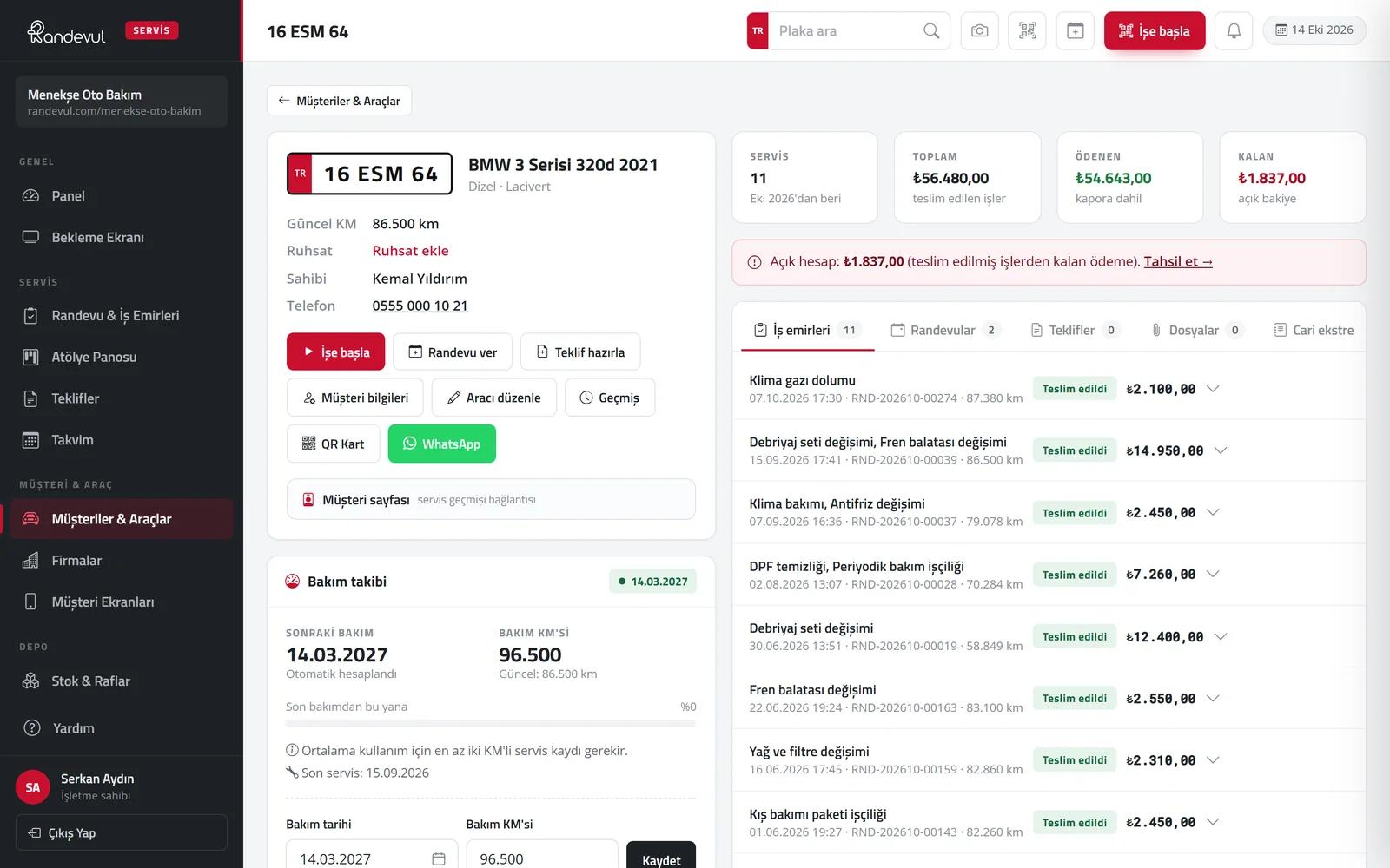 Randevul — Araç kartı, QR bakım kartı ve hatırlatma