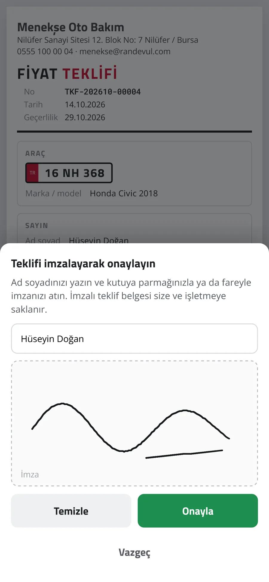 Randevul — Teklif ve imzalı onay 2