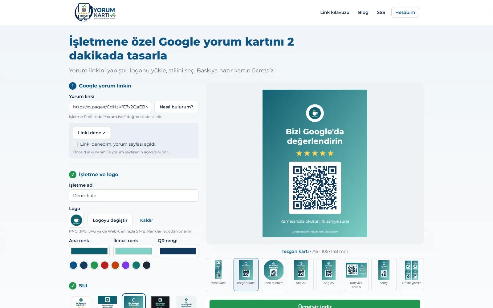 Yorum Kartı — Diseñador gratuito de tarjetas QR para reseñas de Google
