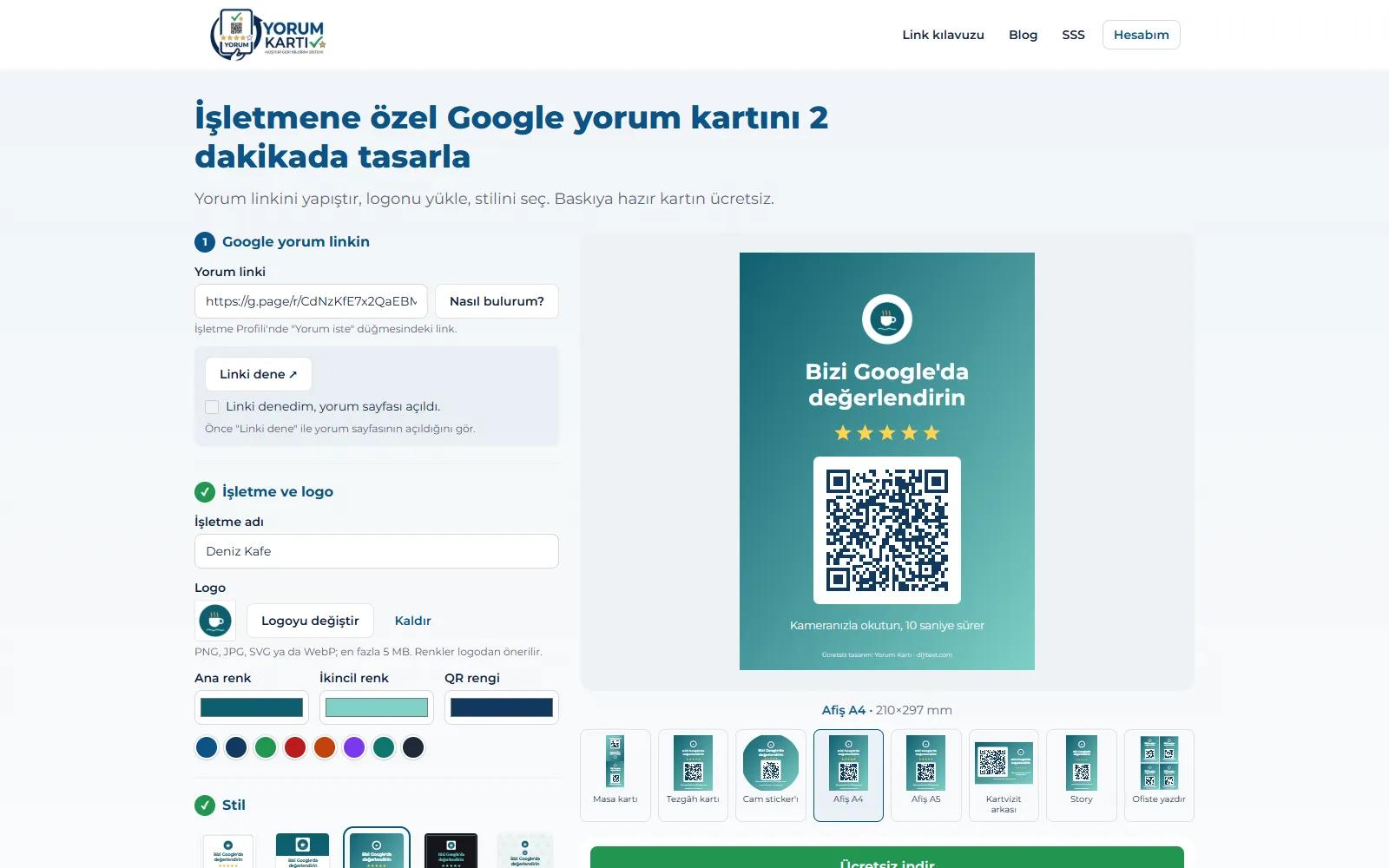 Yorum Kartı — 7 formatos listos para imprimir
